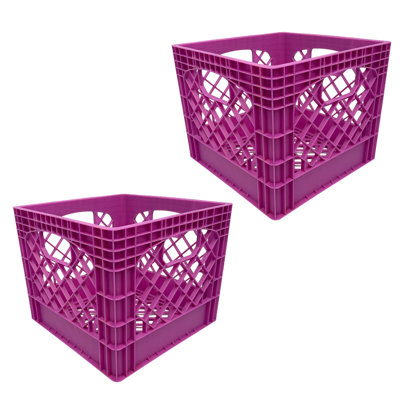  Milk Crate, Stackable Plastic Storage with Handles, 16 Qt, Berry, 2 Pack