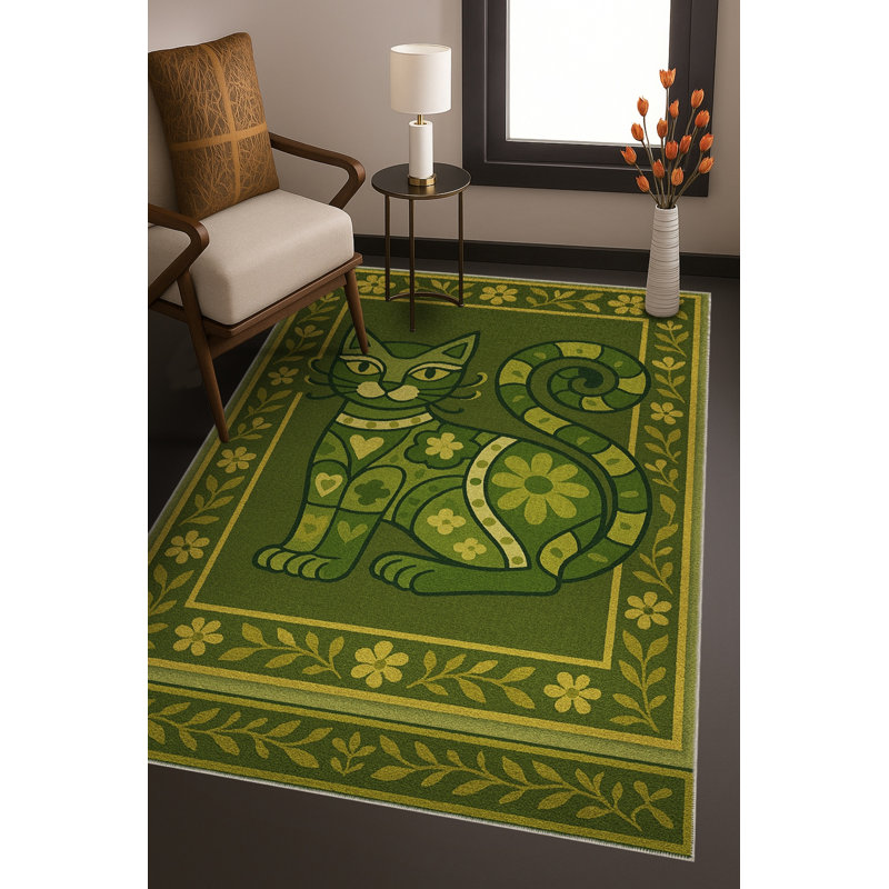 Tapis vert tissé à motif floral lavable Mosso, 3'3" x 4'11"