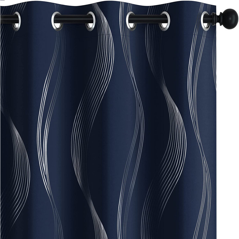 Spurgh Sliver Wave Foil Print Blackout Thermal Grommet Curtain Panels (Set of 2), 42" W x 63" L, Navy Blue