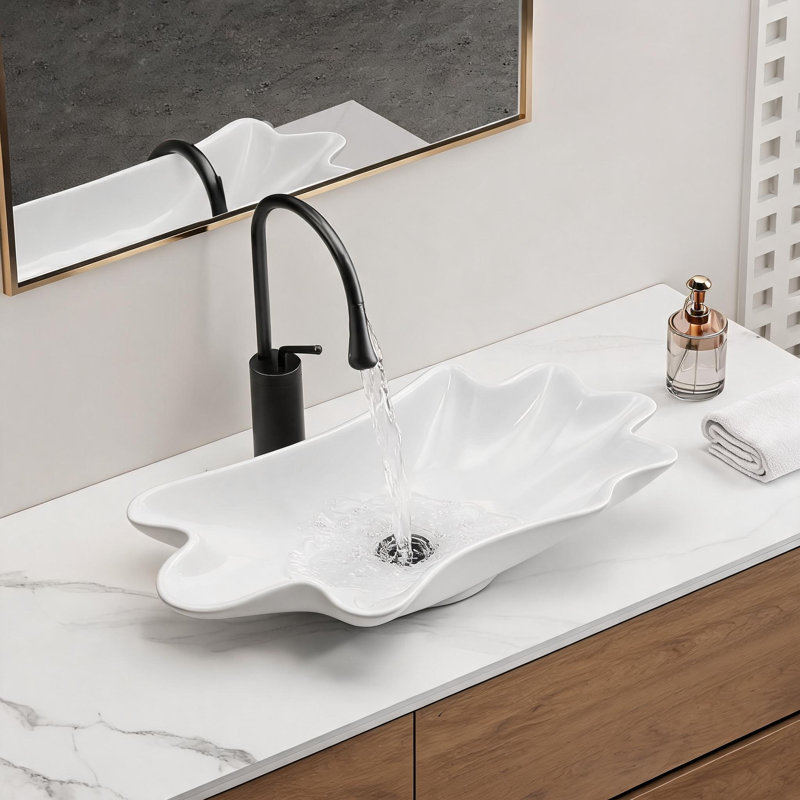 Vasque de salle de bain en céramique blanc laiteux de 61 cm (24 pouces) en forme de coquillage avec bonde préinstallé