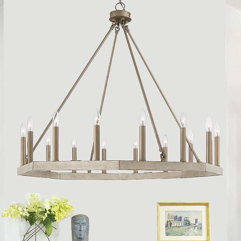 Chasteen 16 - Light Steel Dimmable Wagon Wheel Chandelier, Driftwood/Brass Dust