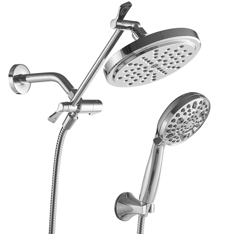 Pomme de douche à double fixation murale à 8 jets Rainfull et pomme de douche à main 2,5 gallons par minute, Chrome poli