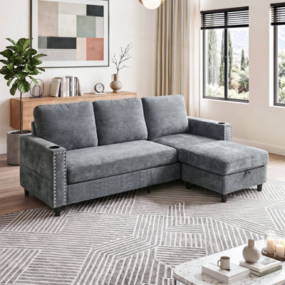 Upholstered L-Shaped 3-Seater Sectional Sofa with Footstool