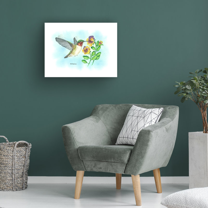 «Dave Bartholet Pansies and Humming Bird», art sur toile, H 35 po x l 47 po