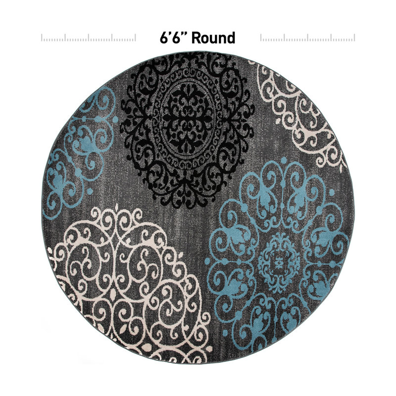 Padowski Floral Gray/Blue/Black Area Rug, Round 6'6"