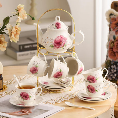 Exquisite Pattern Porcelain Tea Set Service for 6 – 27oz Teapot, 6.8oz Cups Saucers Spoons & Gold Display Shelf for Home & Afternoon Tea