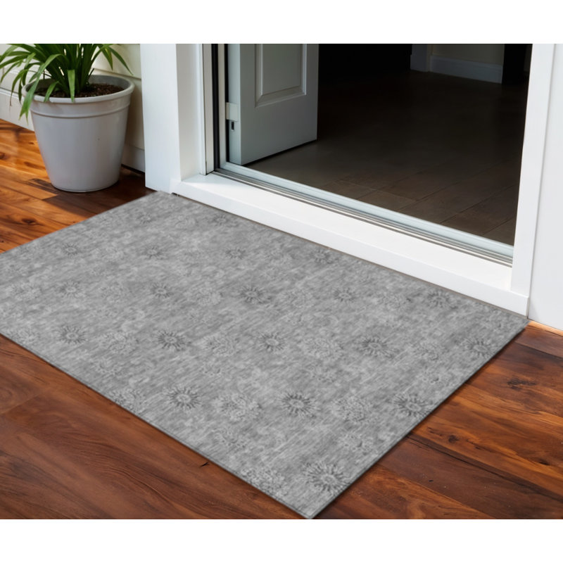 3' X 5' Pewter And Gray Floral Washable Indoor Outdoor Area Rug