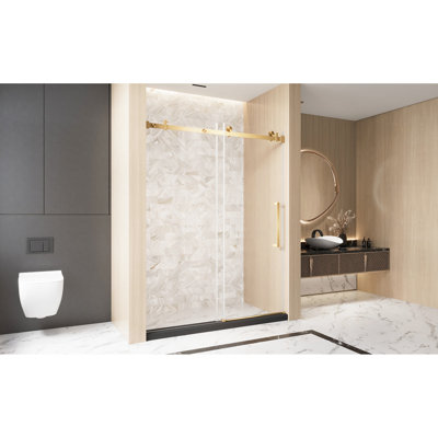 56 - 60 "W X 76" H Bathroom Single Sliding Shower Door, 6 Mm Clear Tempered Glass, Film, Stainless Steel Square Tube Track, Brushed Gold Handle, 4.8Cm Wheels For Long Lasting And Quiet Sliding,