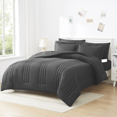 8 Piece Quilted Solid Stripe Comforter, Sheet Set And Mattress Protector Bedding Bundle, Full