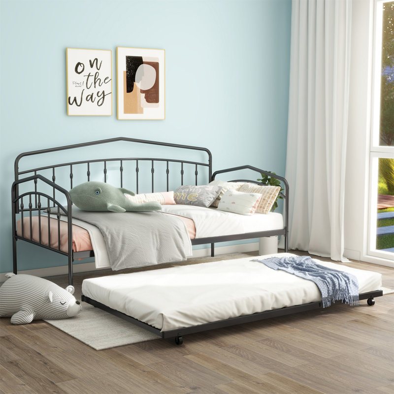 Twin Daybed With Twin Trundle, Sturdy Metal Frame And Noise-Free Slats, Black