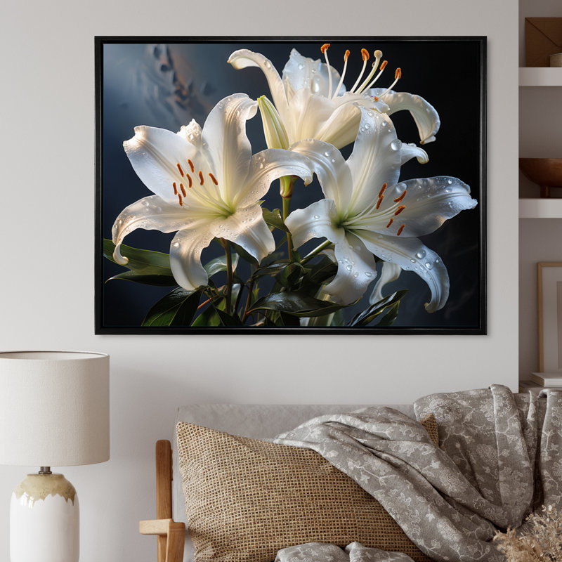 " Black White Lilies Elegance I ", Cadre flottant noir, H 24 po x l 32 po x P 1 po