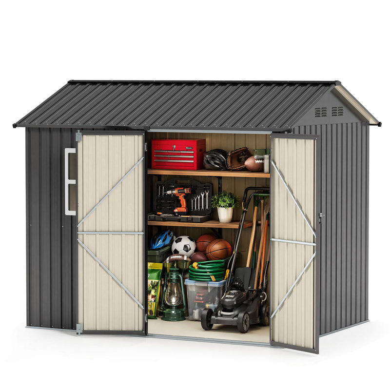 8x5.7 FT Steel Storage Shed with Windows & Lockable Doors – Secure Backyard Storage Solution