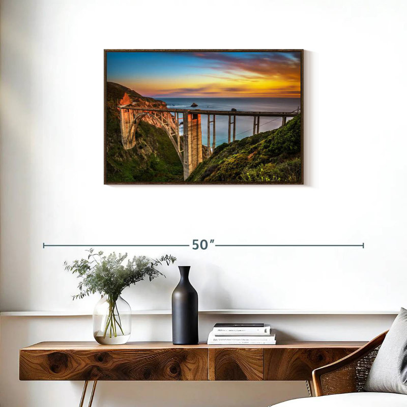 Pont de Bixby Creek au coucher du soleil, Cadre flottant noyer, 31 po x 21 po