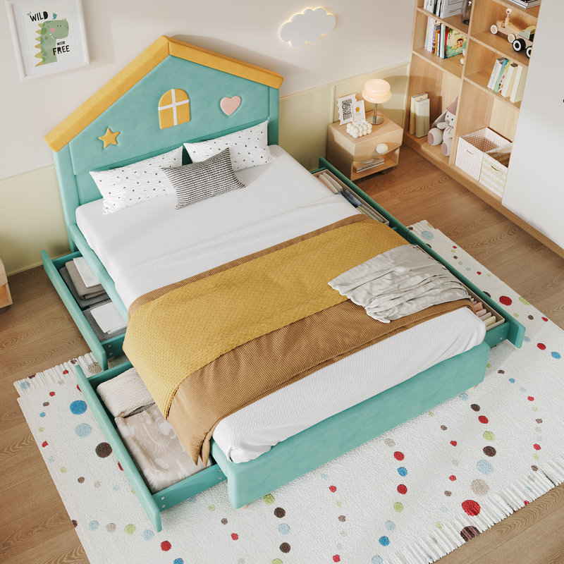 Drawers House Bed, 140x200 cm, Blue&Green