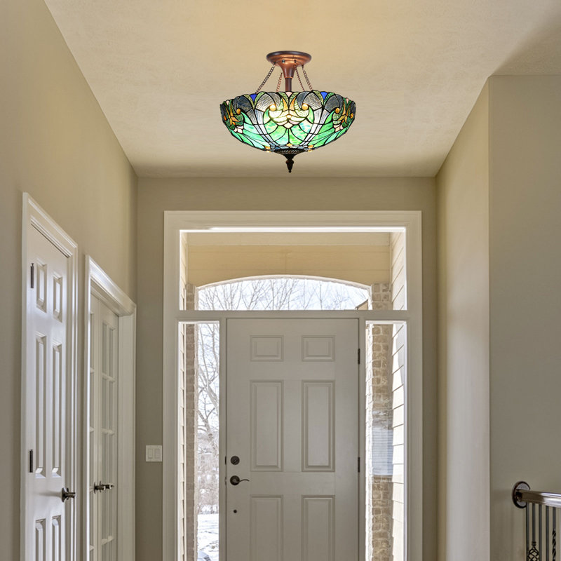 Tiffany Style Ceiling Light Fixtures 16” Wide Stained Glass Lamp Shade 2-Light Classical Victorian Style, Sea Green