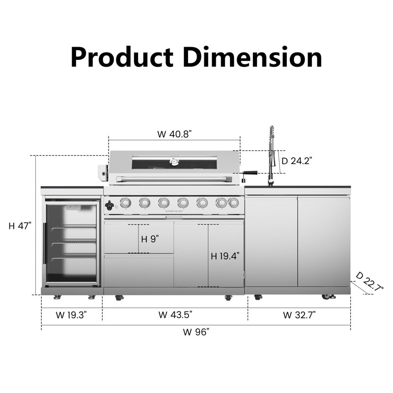 43" 6-Burner 85000 BTU Stainless Steel Outdoor Kitchen Grill Island with Fridge