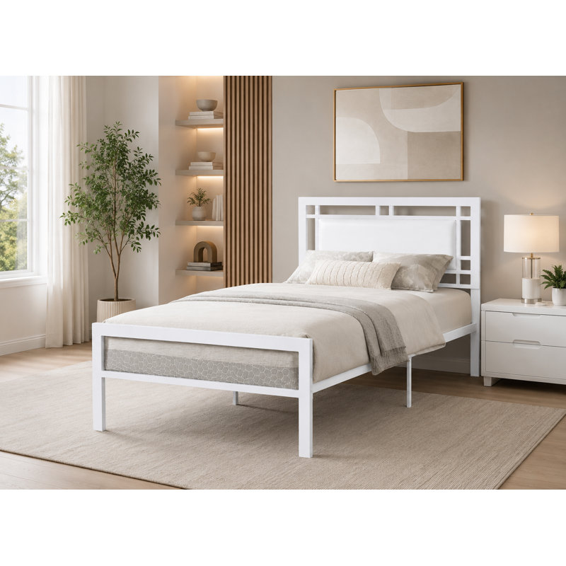 Lit plateforme en métal avec tête de lit tapissier, sans cordon requis, moderne, blanc, double, Lit double, Blanc