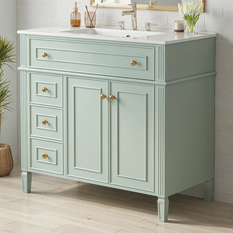 Meuble-lavabo simple 36 po avec lavabo 36 po, bois massif, tiroirs et portes à fermeture en douceur, poignées dorées, grand espace de rangement