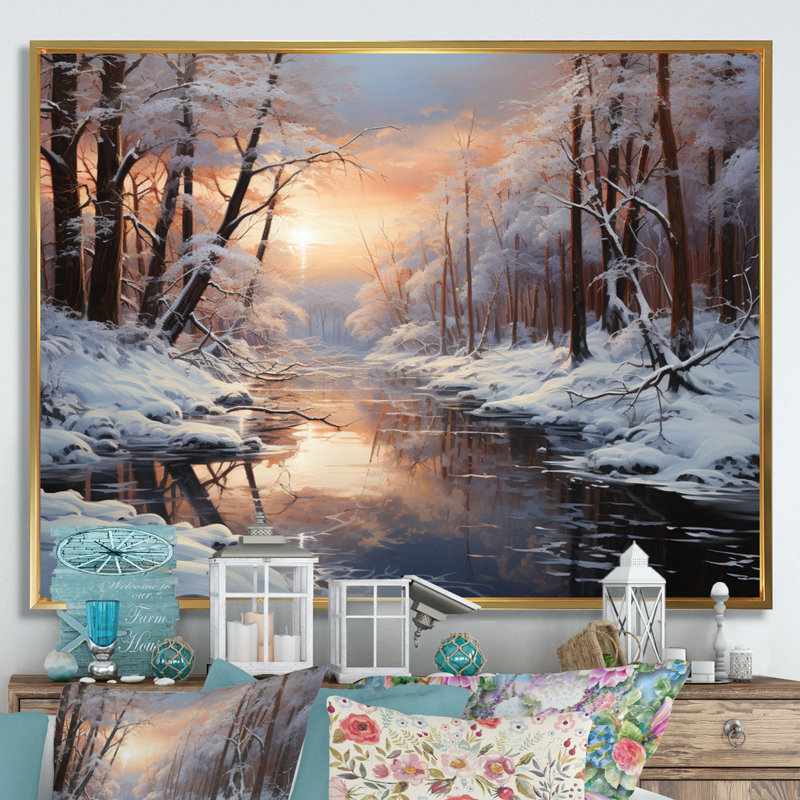 Frozen Wilderness Winter Landscape I - Art mural paysage d'hiver, Cadre flottant doré, H 30 po x l 40 po x P 1,5 po