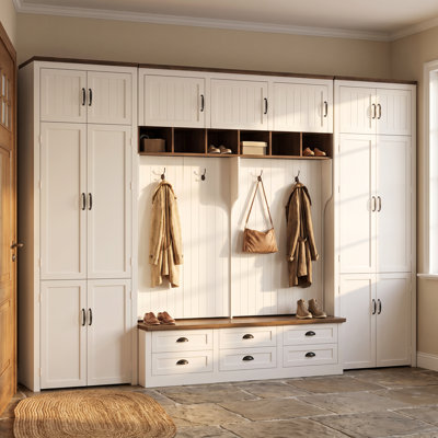 126-Inch Wide Hall Tree Wall System with Two Storage Towers, Bench, Drawers, Cabinets, Cubbies, and Hooks