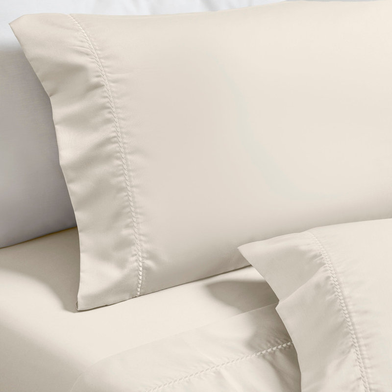 Ensemble de draps en coton mélangé à ourlet brodé 600 fils imperia, Ivoire