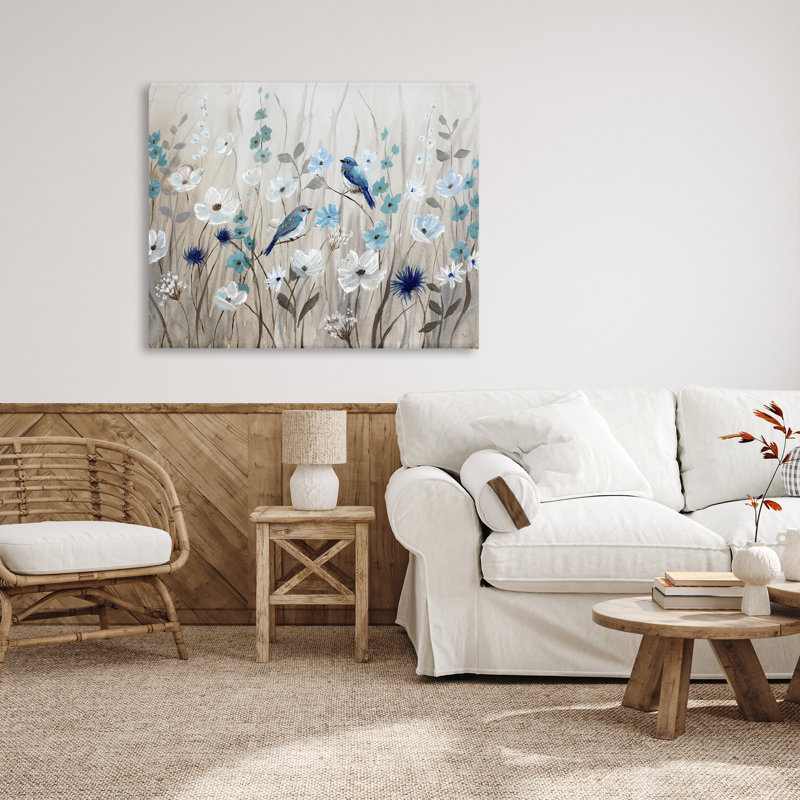 «Birds Floral Meadow Blossoms», art mural sur toile par Nan, H 36 po x l 48 po