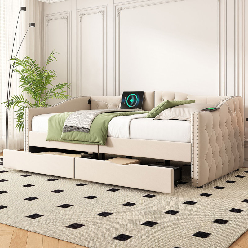 Upholstered Daybed With Storage Drawers, Wood Daybed, No Box Spring Needed, Beige