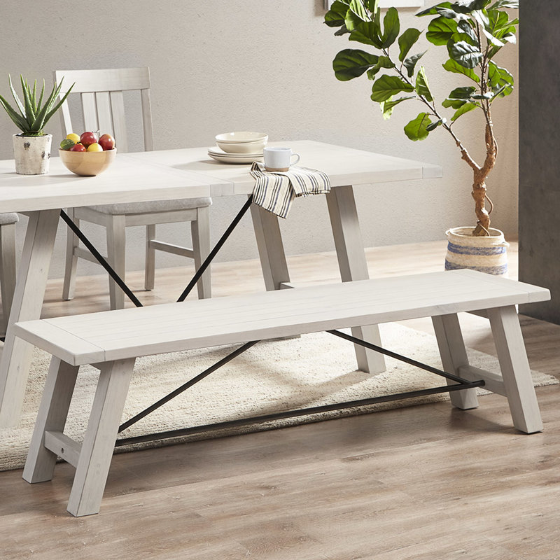 Banc de salle à manger en bois massif blanc délavé, composants en métal pour le soutien, 3 places, capacité de 400 lb, attrait rustique, délavé, poids