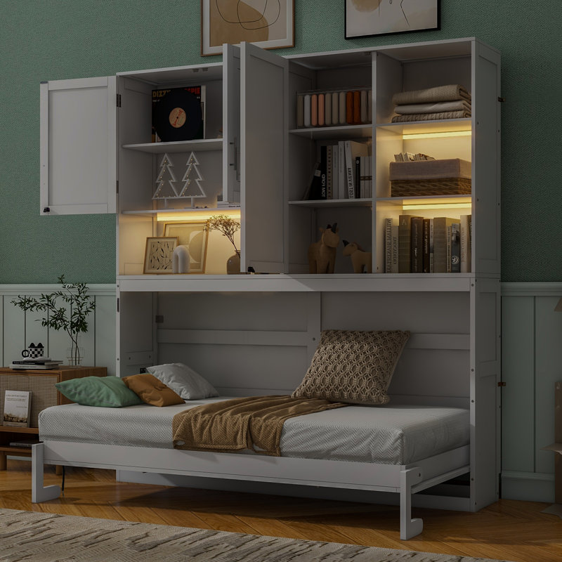 Lit escamotable mural avec armoire supérieure, tablettes, conception pliable peu encombrante, éclairage intégré et charge USB