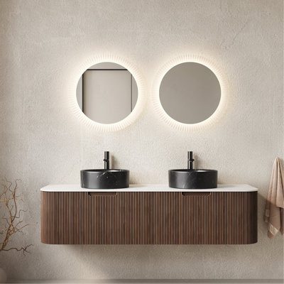 Ensemble de meuble-lavabo 60 po 60 po, 2 tiroirs, 2 lavabos ronds en céramique noir et un plateau en pierre frittée blanche préassemblé
