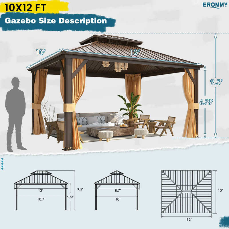 12 Ft. W x 10 Ft. D Outdoor Hardtop Gazebo With Aluminum Frame & Double Galvanized Steel Roof, Heavy Duty Permanent Pavilion With Netting & Curtains For Patio, Lawn, Deck