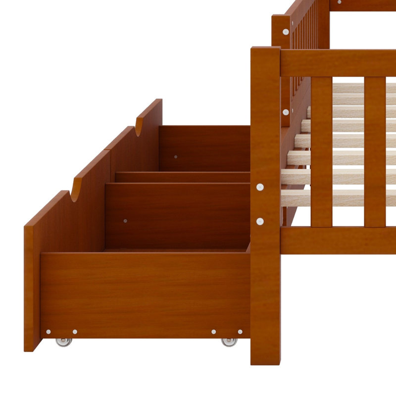 Lit plateforme en bois avec garde-corps des deux côtés et deux tiroirs de rangement, Lit simple