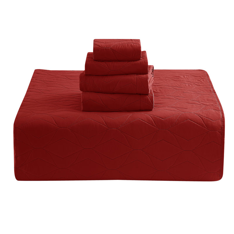 Ellipse Wave Premium Microfiber Reversible Quilt Set, Twin Quilt + 3 Pillow Shams, Red