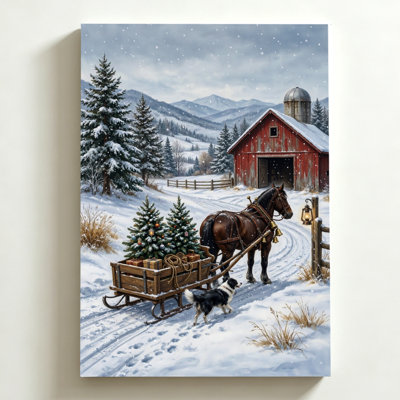 Tableau sur toile représentant un traîneau tiré par des chevaux, ambiance champêtre hivernale, 50 x 75 cm, impression sur châssis, décoration murale marron et blanche pour salon, chambre et couloir.