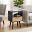 Table de chevet moderne en rotin avec tiroir et tablette ouverte, pieds en bois massif-786037330