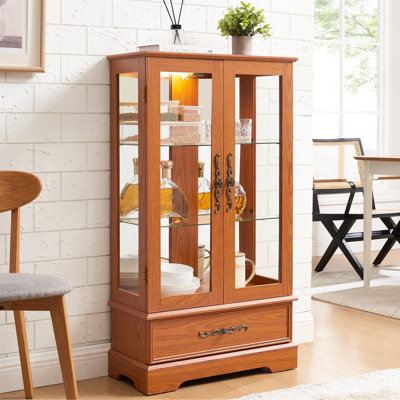 Lighted Glass Curio Cabinet, 2-Door With Adjustable Shelves, Dark Oak Finish, American Retro Design, Ample Storage Solution, Easy Assembly Process, Integrated Lighting, Vintage Handle, Device