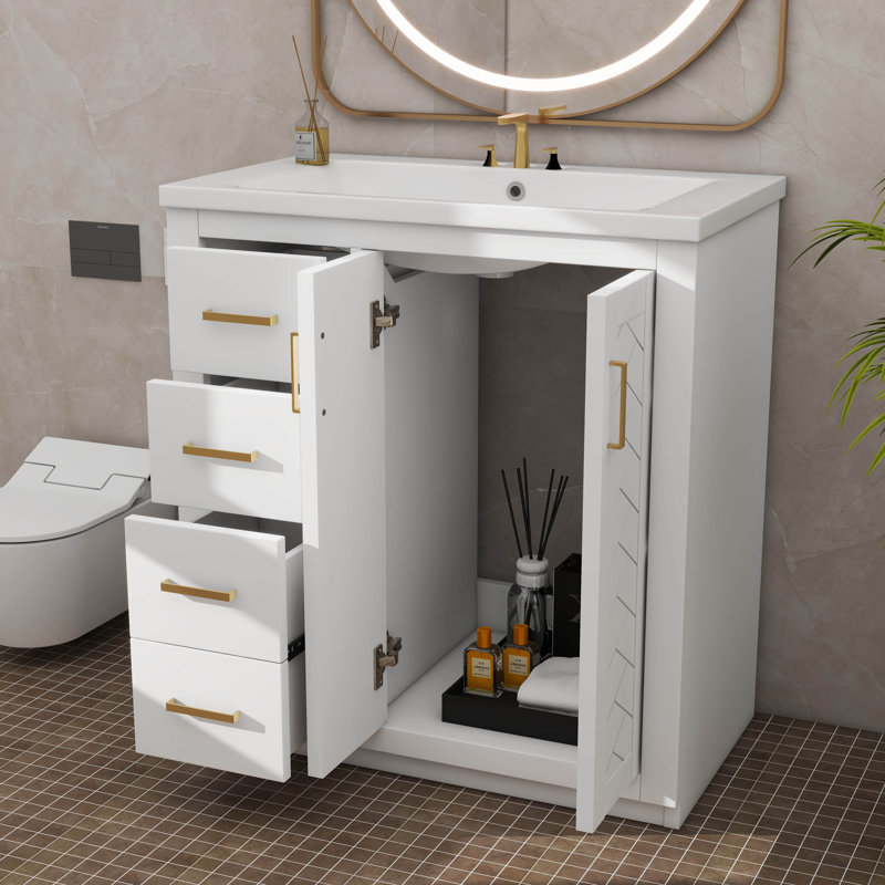 Armoire de rangement de meuble-lavabo simple autoportant moderne 30 po à 3 tiroirs, Blanc, Doré