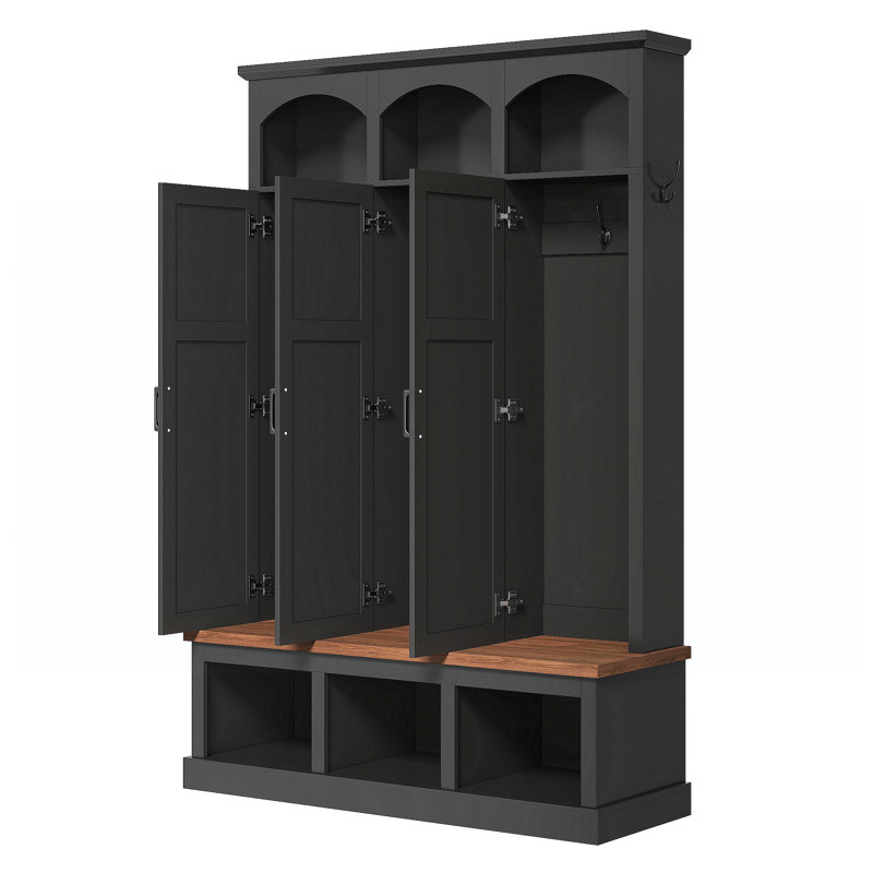 Classic Arched Design Hall Tree with 3 Hidden Storage, Farmhouse Mudroom with Walnut Bench, Mid-Century All-in-One Entryway Organizer with 5 Hooks for Hallway, Black