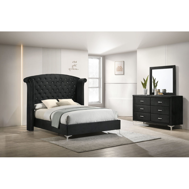 Ensemble de chambre à coucher Rosmini, Noir, Très grand, 5 pièces : lit, table de chevet, commode, miroir