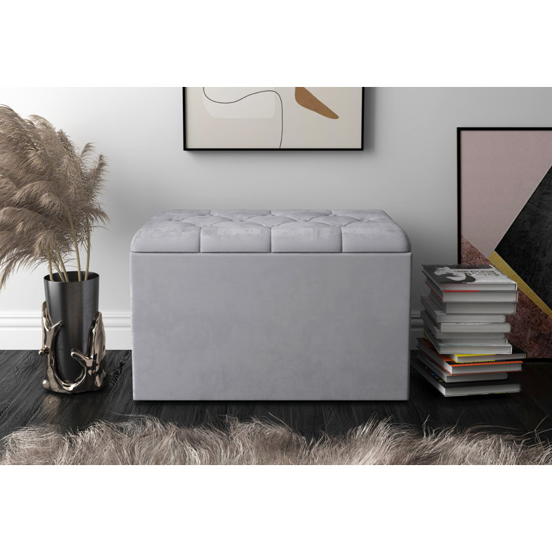 Velvet Upholstered Storage Bench, Grey Velvet, H46.99 x W76.2 x D46.99cm
