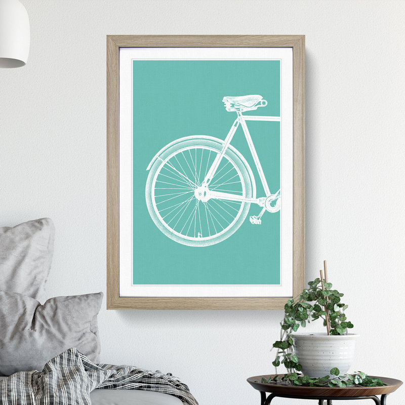 Bicycle No.1 Teal - Picture Frame Graphic Art, Oak, 36cm H x 27cm W x 2cm D