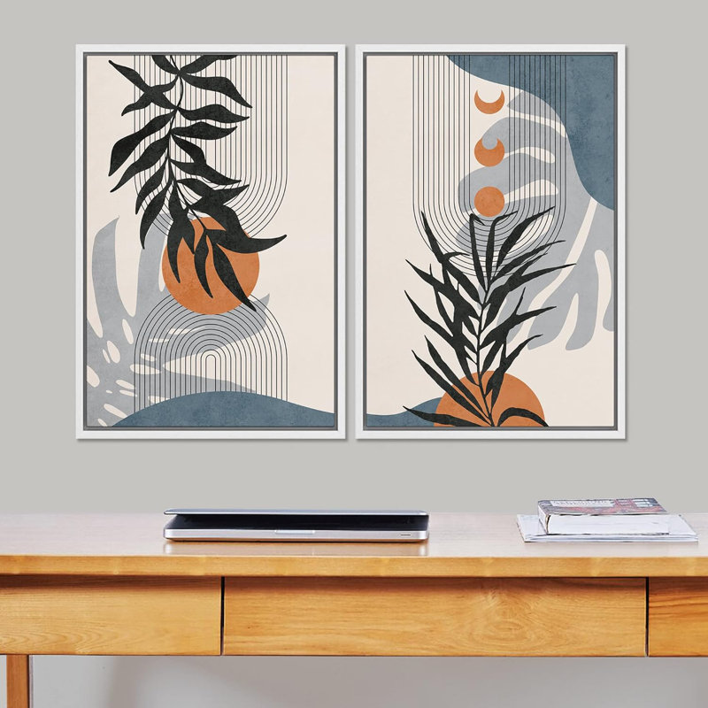 Silhouettes de plantes de la forêt et symboles du milieu du siècle, formes abstraites, bohème moderne, nature, chic, 2 pièces