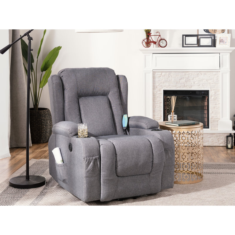 Gray Linen Electric Power Lift Recliner with Massage and Heat