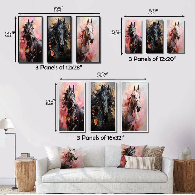 «Pink Black Horse Vibrant Pink Equine», 3 pièces sur toile, Encadrement doré, H 28 po x l 36 po