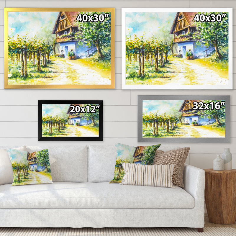 Maison près du vignoble - Peinture sur toile, H 25,5 po x l 33,5 po, Cadre doré