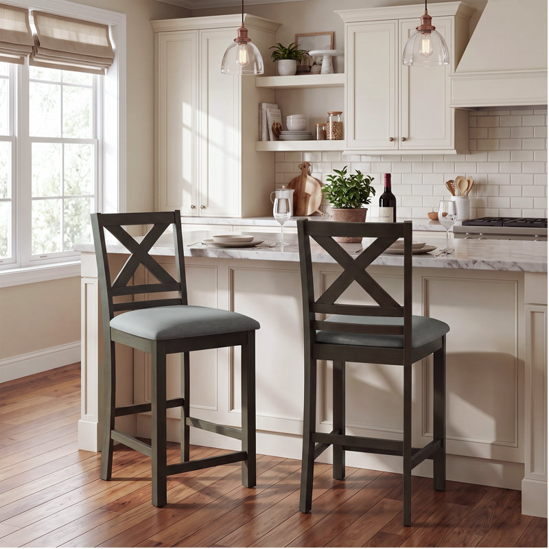 Tabouret de bar rembourré de 26 po en bois massif, Gris, Gris foncé