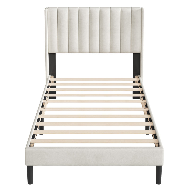 Structure de lit tapissier à oreilles avec table de chevet cannelée, ensemble de mobilier de chambre à coucher, Beige, Twin