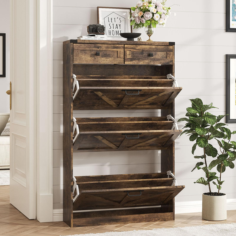 Shoe Cabinet With 3 Flip Drawers & 2 Drawers, Rustic Brown