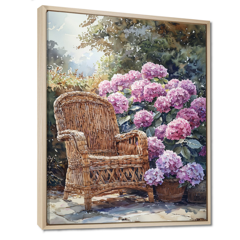 «Hydrangeas With Rattan Furniture II - Hydrangea», reproduction sur toile, H 20 po x l 12 po, Impression encadrée flottante