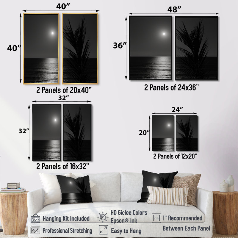 «Black and White Palm Moonlight Horizon - Beige bord de mer, art mural sur toile, 20" H x 24" W, Silver